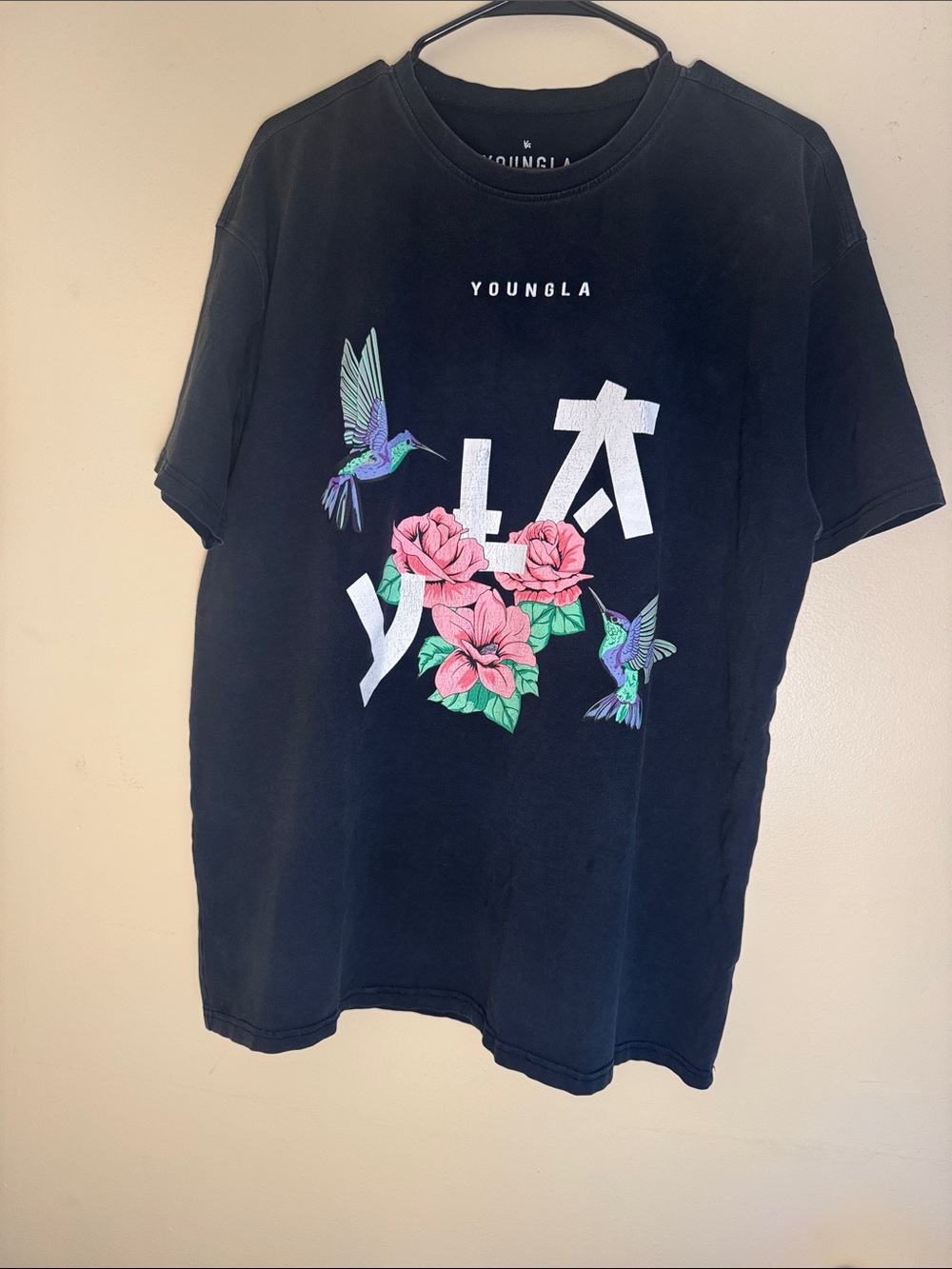 YoungLA Black Tee with Pink Rose & Teal Hummingbird Graphic